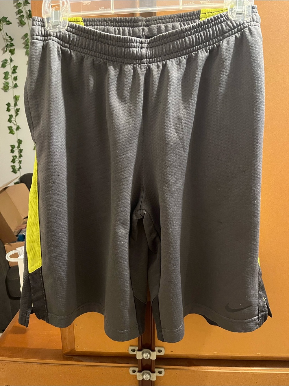 Nike Men's Gray Athletic Shorts with Neon Yellow Side Panels
